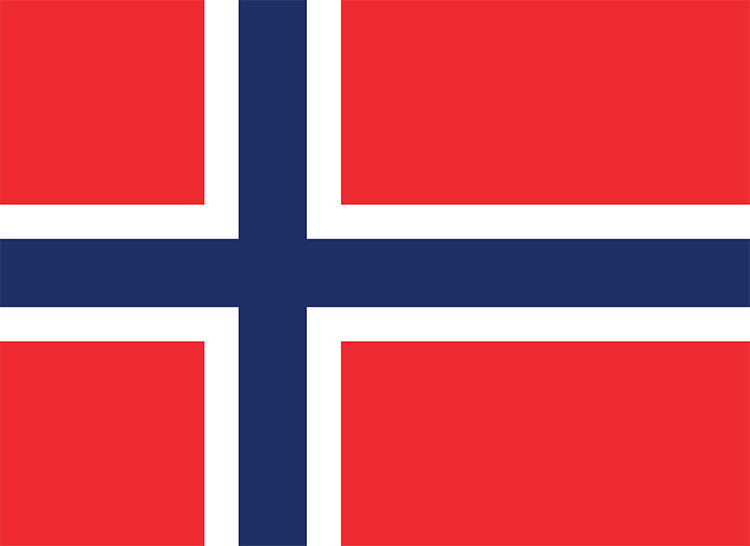 The flag of Norway has a blue cross outlined with white on a red background. The middle of the cross is shifted toward the side of the flag nearest the flagpole. The flag has two forms. The civil flag , flown by the people, is rectangular. The state flag , flown by the government, has a swallowtail (forked tail). Credit: © Loveshop/Shutterstock
