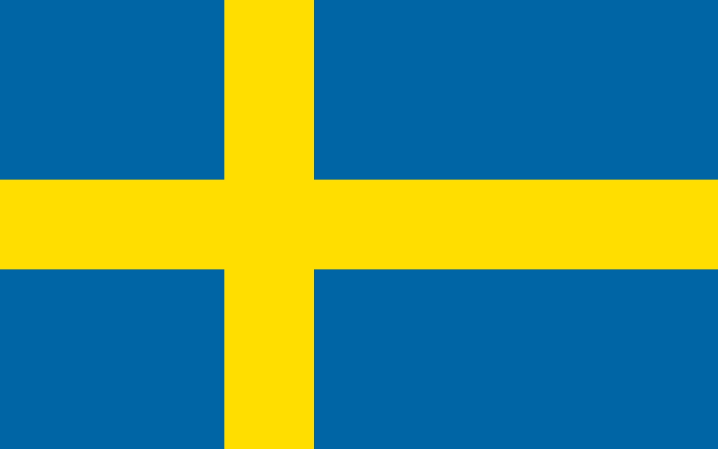 The flag of Sweden is blue with a large yellow cross. The center of the cross is shifted toward the side of the flag nearest the flagpole. Sweden’s blue and yellow colors come from royal emblems of the 1200’s and 1300’s. Swedes may have used a blue flag with a yellow cross as early as the 1400’s. Credit: © T. Lesia, Shutterstock