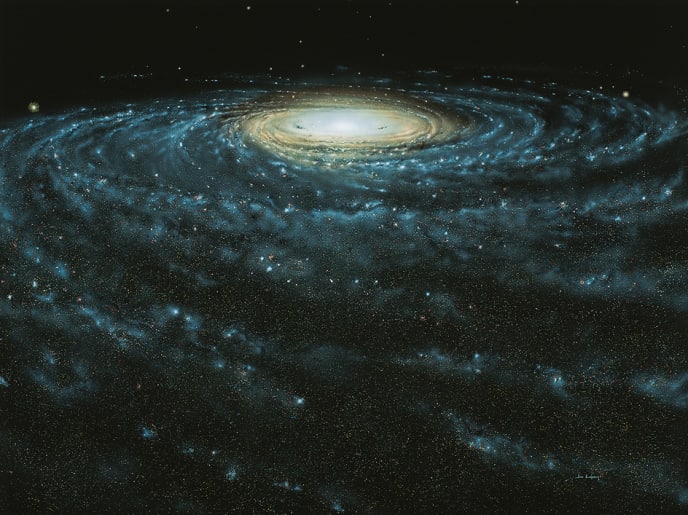 The Milky Way, our “home” galaxy, is shaped like a thin disk with a bulge in the center. Stars, dust, and gas fan out along the disk in long, curving arms. Viewed from above the edge of the disk, the galaxy resembles a pinwheel, as shown in this artist's rendition. Our sun is roughly half the distance to the edge. Credit: Artwork © Jon Lomberg and the National Air and Space Museum 