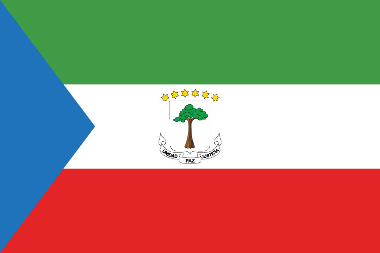 The flag of Equatorial Guinea has ( top to bottom ) green, white, and red horizontal stripes, and a blue triangle at the staff. The national coat of arms is on the white stripe. The flag was used from 1969 to 1978 and was readopted in 1979. Credit: © Loveshop/Shutterstock