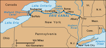 Click to view larger image This map shows the location of the Erie Canal. The canal crossed New York from Buffalo on Lake Erie to Troy and Albany on the Hudson River. The waterway connected the Great Lakes system to the Atlantic Ocean. Credit: WORLD BOOK map 