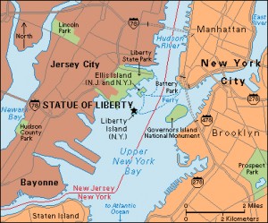 Click to view larger image This map shows the location of the Statue of Liberty National Monument in Upper New York Bay. The monument includes the statue on Liberty Island and the Ellis Island immigration station. Liberty Island is officially under the jurisdiction of New York. Most of Ellis Island is under New Jersey's jurisdiction. But the National Park Service actually operates both sites. Credit: WORLD BOOK map
