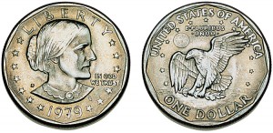 The Anthony dollar, minted for circulation in 1979 and 1980, honored woman suffrage leader Susan B. Anthony. A profile of Susan B. Anthony is on the front and the American eagle is on the reverse. Credit: WORLD BOOK photo by James Simek 