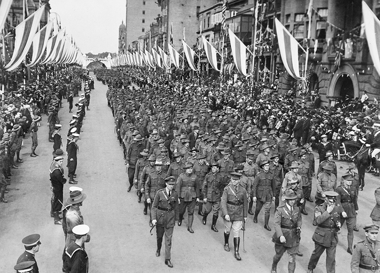 Soldiers of the Australian and New Zealand Army Corps (ANZAC) march through Sydney, Australia, in 1919, shortly after the end of World War I. Credit: Australian War Memorial 