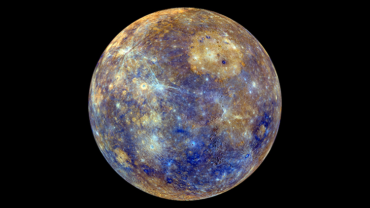 Mercury, the innermost planet of the solar system, is seen in this enhanced color image from the MESSENGER spacecraft. The color variations highlight chemical, mineralogical, and physical differences between the rocks that make up Mercury's surface. Credit: NASA Goddard 