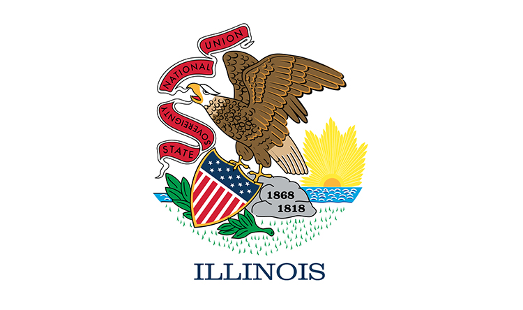 Illinois's state flag first adopted in 1915, bears the state seal on a white background. A 1970 statute added the name Illinois and ensured uniformity in design.  Credit:  © Lickomicko/Shutterstock 