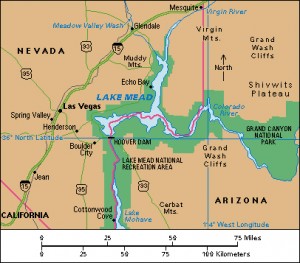 Click to view larger image This map shows the location of Lake Mead, a large artificial lake on the Arizona-Nevada border. The lake was created by the completion of Hoover Dam on the Colorado River in 1936. The lake is surrounded by the Lake Mead National Recreation Area. Credit: WORLD BOOK map