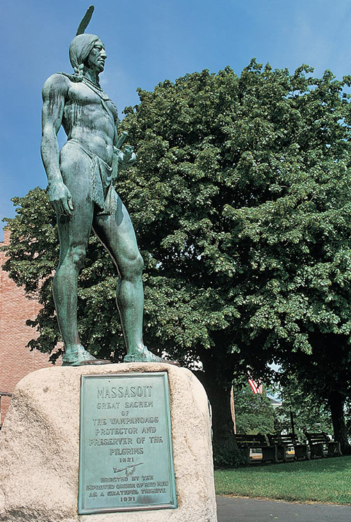 A statue of Massasoit by the American sculptor Cyrus Dallin stands on a Pilgrim burial ground in Plymouth, Mass. Credit: Bronze statue (1921); Artstreet 