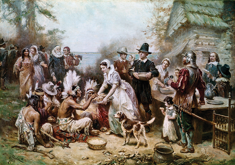 The Pilgrims founded Plymouth Colony in what is now Massachusetts in 1620. Indians who helped the Pilgrims were invited to a Thanksgiving feast in 1621, shown here. Credit: An oil painting on canvas (about 1919) by Jean Leon Gerome Ferris; Smithsonian Institution, Washington, D.C. (Corbis/Bettmann) 