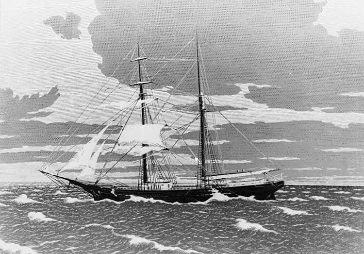 circa 1870:  The 100-foot brig Mary Celeste, which set sail from New York in November 1872 with a crew of ten. She was found drifting a month later, with no trace of anyone on board, and the mystery of their disappearance has never been solved.  A wood engraving by Rudolph Ruzicaka.