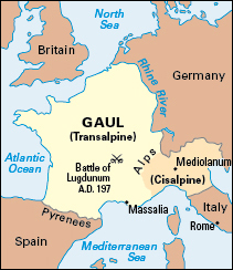 Click to view larger image This map shows the location of Gaul. The Transalpine territory of Gaul consisted of what are now France, Belgium, Luxembourg, Germany west of the Rhine River, and the Netherlands south of the Rhine. The Cisalpine territory of Gaul covered the northern part of the Italian peninsula. Credit: WORLD BOOK map 
