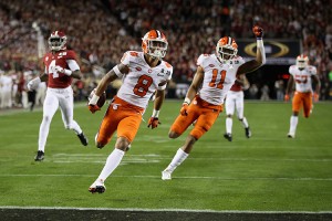 A.J. Terrell #8 of the Clemson Tigers runs back an interception for a first quarter touchdown against the Alabama Crimson Tide in the CFP National Championship presented by AT&T at Levi's Stadium on January 7, 2019 in Santa Clara, California. Credit: © Sean M. Haffey, Getty Images