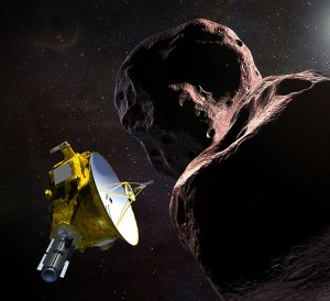 Illustration of NASA’s New Horizons spacecraft encountering 2014 MU69 – nicknamed “Ultima Thule” – a Kuiper Belt object that orbits one billion miles beyond Pluto. Set for New Year’s 2019, New Horizons’ exploration of Ultima will be the farthest space probe flyby in history. Credit: NASA/JHUAPL/SwRI