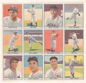 Uncut sheet from the Play Ball, Sports Hall of Fame series including "Eddie" Miller, Max West, "Bucky" Walters,"Duke" Derringer, "Buck" McCormick, Carl Hubbell, "The Horse" Danning, "Mel" Ott, "Pinky" May, "Arky" Vaughan, Debs Garms, "Jimmy" Brown. Credit: Uncut sheet from the Play Ball, Sports Hall of Fame series (1941), commercial lithograph from Gum, Inc. (Philadelphia); The Jefferson R. Burdick Collection/Metropolitan Museum of Art