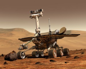 An artist's concept portrays a NASA Mars Exploration Rover on the surface of Mars. Rovers Opportunity and Spirit were launched a few weeks apart in 2003 and landed in January 2004 at two sites on Mars. Each rover was built with the mobility and toolkit to function as a robotic geologist. Credit: NASA/JPL/Cornell University, Maas Digital LLC