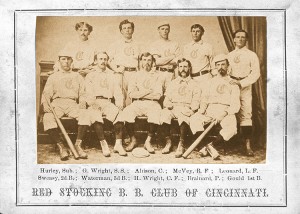 The Red Stocking Base Ball Club of Cincinnati Ohio poses for a team photo in a studio in 1869, which was issued as a trade card.  Credit: © Mark Rucker, Transcendental Graphics/Getty Images