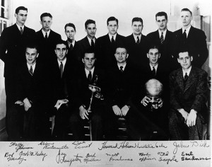 The 1939 NCAA national champion University of Oregon basketball team with members' autographs at bottom of picture. From left to right, front row: Wally Johansen, Slim Wintermute, Bob Anet (holding trophy), coach Howard Hobson, Laddie Gale (holding trophy), and John Dick. Standing are: Bob Hardy, Evert McNeely, manager Jay Langston, Ford Mullen, Matt Pavalunas, trainer Bob Officer, Ted Sarpola, and Earl Sandness. Credit: University of Oregon