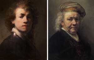 Rembrandt's self-portraits form a vivid record of his life. The portrait at the left was completed in 1629. The portrait at the right was finished in 1669, the year Rembrandt died. Credit:  Self-Portrait with Gorget (1629), oil on oak panel by Rembrandt; Germanisches Nationalmuseum; Self-portrait (1669), oil on canvas by Rembrandt; Royal Picture Gallery Mauritshuis  