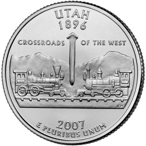 The Utah quarter features images that highlight the region’s role in linking the railroad systems of the United States. On May 10, 1869, two locomotives met at Promontory, Utah, where the Union Pacific and Central Pacific railroads joined their rail lines. The transcontinental link was completed by the celebratory driving of a “golden spike,” which appears at the center of the coin. The railroads enhanced Utah’s role as the “Crossroads of the West,” so-called because of its central location among the Rocky Mountain, Southwestern, and Pacific Coast states.Utah became the 45th U.S. state on Jan. 4, 1896. The Utah quarter was minted in 2007. Credit: U.S. Mint 
