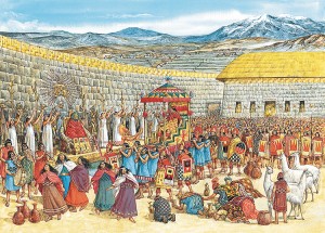 The Inca ruled a vast, rich empire in South America. This illustration shows an Inca emperor entering the Temple of the Sun in Cusco, the capital. The chosen women, who prepared food and offerings used in the ceremony, stand near the mummy of a former emperor, left rear. Credit: WORLD BOOK illustration by Richard Hook 