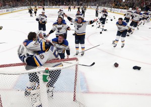 The St. Louis Blues celebrate after defeating the Boston Bruins in Game Seven to win the 2019 NHL Stanley Cup Final at TD Garden on June 12, 2019 in Boston, Massachusetts. Credit: © Bruce Bennett, Getty Images
