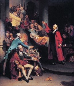 Patrick Henry lashed out at English tyranny in a great speech before the Virginia House of Burgesses in 1765. Credit: Detail of Patrick Henry Before the Virginia House of Burgesses(1851), an oil painting on canvas by Peter Frederick Rothermel (Patrick Henry Memorial Foundation) 