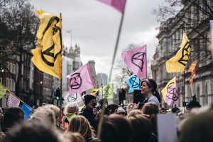Speech from Extinction Rebellion activists at gates of downing street in London on March 9th, 2019.  Credit: © Sandor Szmutko, Shutterstock