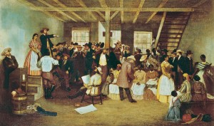 Slaves were sold at public auctions in the South. Pictures of blacks being sold like merchandise stirred much resentment in the North against slavery. Credit: Detail of The Slave Auction(1862), an oil painting on canvas by Eyre Crowe; Kennedy Galleries, Inc., New York City 