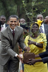 Kenyan activist Wangari Muta Maathai was awarded the Nobel Peace Prize in 2004 for her efforts to protect the environment and promote democracy, human rights, and women's rights. She is shown here in Nairobi, Kenya, in 2006, planting a tree with then-United States Senator for Illinois Barack Obama. Credit: © Green Belt Movement 