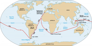 Click to view larger image This map traces Magellan's search for a western passage to the Pacific Ocean and the Spice Islands. Magellan set sail from Spain on Sept. 20, 1519. His fleet sailed across the Atlantic Ocean to the coast of Brazil, then south along the coast of South America. At the tip of the continent, Magellan discovered a passage that is now called the Strait of Magellan. He became the first European to sail across the Pacific. Magellan was killed on the island of Mactan, in the Philippines, in 1521. One of his ships, commanded by Juan Sebastian del Cano, completed the voyage. Credit: WORLD BOOK map