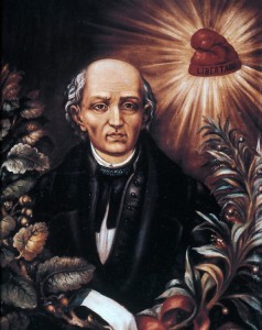 Miguel Hidalgo y Costilla, shown here, is called “The Father of Mexican Independence.” In 1810, he led a revolt against Spanish rule in Mexico. The heart in the upper right-hand corner of this portrait says Libertad, the Spanish word for liberty. Credit: Granger Collection 