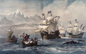 The Portuguese explorer Ferdinand Magellan led the first expedition that sailed around the world. This engraving shows Magellan and his crew in October 1520 as they sail through the strait that separates the islands of Tierra del Fuego from mainland South America. The Strait of Magellan, as it is now called, provided a shortcut between the Atlantic and Pacific oceans. Credit: Discovery of The Magellan-Strait (1880), colored wood engraving by unknown artist (© SuperStock) 