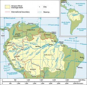 Click to view larger image This map shows the location of the Amazon River, the world's second longest river. The Amazon is 4,000 miles (6,437 kilometers) long. The course of the Amazon begins high in the Andes Mountains of Peru. The river continues eastward across Brazil and flows into the Atlantic Ocean on the northern side of Marajo Island. Credit: WORLD BOOK map