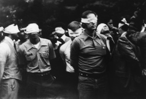Blindfolded American hostages are paraded inside the United States  Embassy compound on Nov. 4, 1979. Credit: © Bettmann/Getty Images