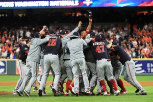 The Washington Nationals celebrate after defeating the Houston Astros 6-2 in Game Seven to win the 2019 World Series at Minute Maid Park on October 30, 2019 in Houston, Texas. The Washington Nationals defeated the Houston Astros with a score of 6 to 2.  Credit: © Mike Ehrmann, Getty Images 