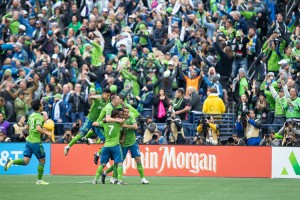 The Seattle Sounders including Raul Ruidiaz (9) and Cristian Roldan (7) celebrate Kelvin Leerdams (18) goal during the second half of the Major League Soccer Cup Final between Toronto FC and the Seattle Sounders on Sunday, November 10, 2019 at CenturyLink Field in Seattle, WA.  Credit: © Icon Sportswire/Getty Images