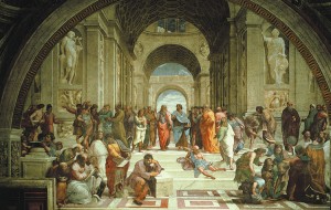 Raphael's School of Athens shows a gathering of ancient Greek philosophers and scientists in a Roman architectural setting. Standing in the center are Plato, left, and Aristotle, right. The harmony and balance of the composition are typical of the revival of classicism in the period called the High Renaissance. Credit: Fresco (1510-1511); The Vatican, Rome (The Art Archive) 
