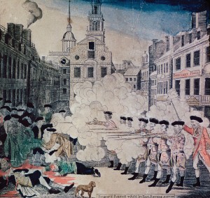 The Boston Massacre took place on March 5, 1770, when British soldiers fired into a mob, killing five Americans. Patriot propaganda like this engraving by Paul Revere called the incident a massacre to stir up feeling against the British government. Hundreds of British soldiers had come to Boston two years earlier to keep order and protect the city’s customs collectors. Credit: Detail of "The Boston Massacre, 5th March 1770" (1770), engraving by Paul Revere; Worcester Art Museum (© Bridgeman Art Library/SuperStock)