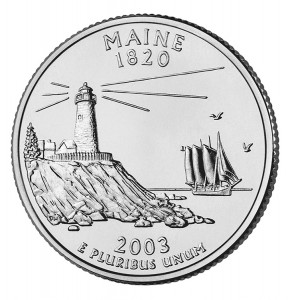 The Maine quarter features images of a lighthouse on a granite coast and of a schooner. The lighthouse is the Pemaquid Point Light, on the Atlantic coast northwest of Portland. The lighthouse dates from the 1820’s and is a popular tourist attraction. Granite is a common feature of Maine’s coastline and one of the state’s leading mined products. The schooner resembles one of Maine’s famous windjammers (sailing ships). On March 15, 1820, Maine became the nation’s 23rd state. The Maine quarter was minted in 2003. credit: U.S. Mint