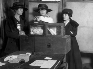 Three woman suffragists cast votes in New York City around 1917. Woman suffragists fought for the right of women to vote. The 19th Amendment to the United States Constitution, passed on Aug. 18, 1920, granted this right to women throughout the country. Credit: © Everett Collection/Shutterstock