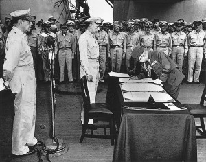 Japan's surrender on Sept. 2, 1945, ended World War II. General of the Army Douglas MacArthur, far left, signed for the Allies, and General Yoshijiro Umezu, right, for the Japanese army. Credit: UPI/Corbis-Bettmann