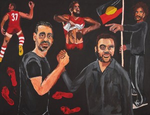 Vincent Namatjira's 2020 Archibald Prize winning painting shows Namatjira (right) standing next to former Australian rules football legend Adam Goodes. Credit:  Stand strong for who you are (2020), acrylic on linen by Vincent Namatjira (photo by Mim Stirling/Art Gallery of New South Wales)