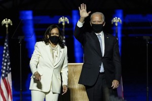 United States President-elect Joe Biden and Vice President-elect Kamala Harris speak in Wilmington, Delaware, on Nov. 7, 2020, after being declared the winners of the presidential election. Both wear masks to help limit the spread of COVID-19. Credit: © Andrew Harnik, AFP/Getty Images