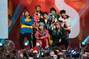 Members of the South Korean pop group BTS are, left to right, front row: Suga and V. Back row: J-Hope, RM, Jin, Jimin, and Jungkook. Credit: © RB/Bauer-Griffin/GC Images/Getty Images