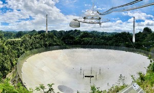The Arecibo Observatory radio telescope as it appeared before its collapse in 2020. The instrument platform (top center) crashed through the dish on December 1. Credit: © Than Tibbetts, Shutterstock 
