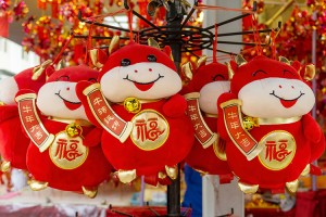 Stuffed toys in a Chinatown market celebrate the Chinese year of the ox. Credit: © lennykaiser, Shutterstock