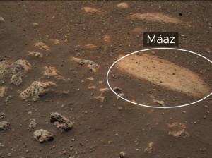 This rock, called “Máaz” (the Navajo word for “Mars”), is the first feature of scientific interest to be studied by NASA’s Perseverance Mars rover. Credit: NASA/JPL-Caltech