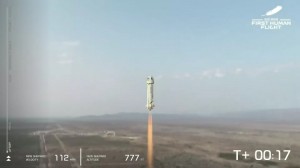 The New Shepard rocket takes off on July 20 carrying its first group of passengers. Both the booster and the capsule landed back near the launch pad about 10 minutes later. Credit: © Blue Origin