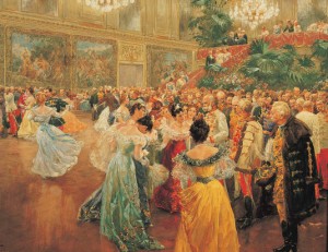 The waltz became the most fashionable social dance of the late 1800's. It originated in Germany and Austria and soon spread to other countries. The waltz inspired some of the finest dance music of the period and also added beauty and elegence to many romantic ballets of the 1800's. Emperor Franz Joseph at a Ball in Vienna(about 1900), a gouache painting on canvas by Wilhelm Gause; Museum der Stadt, Vienna/ET Archive, London from Superstock