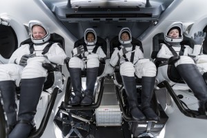 The crew of Inspiration4 participate in a launch day rehearsal on September 13, 2021 : (L-R) Sembroski, Proctor, Isaacman and Arceneaux. Credit: SpaceX